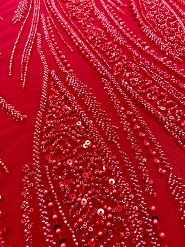 Piros Couture csipke geometriai mintával, gyöngyökkel, gyöngyöcskékkel és flitterekkel