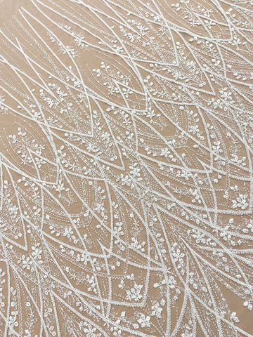 Dantela Couture Ivory cu Model Geometric, cu Perle, Margele si Paiete