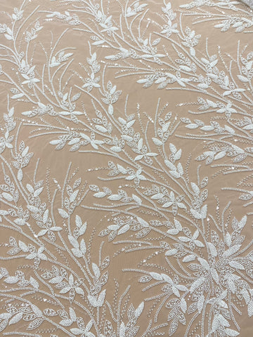 Dantela Couture Ivory cu Model Floral, Perle, Margele si Paiete