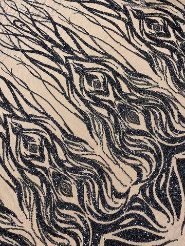 Dantela Couture Neagra cu Model Geometric, cu Perle, Margele si Paiete