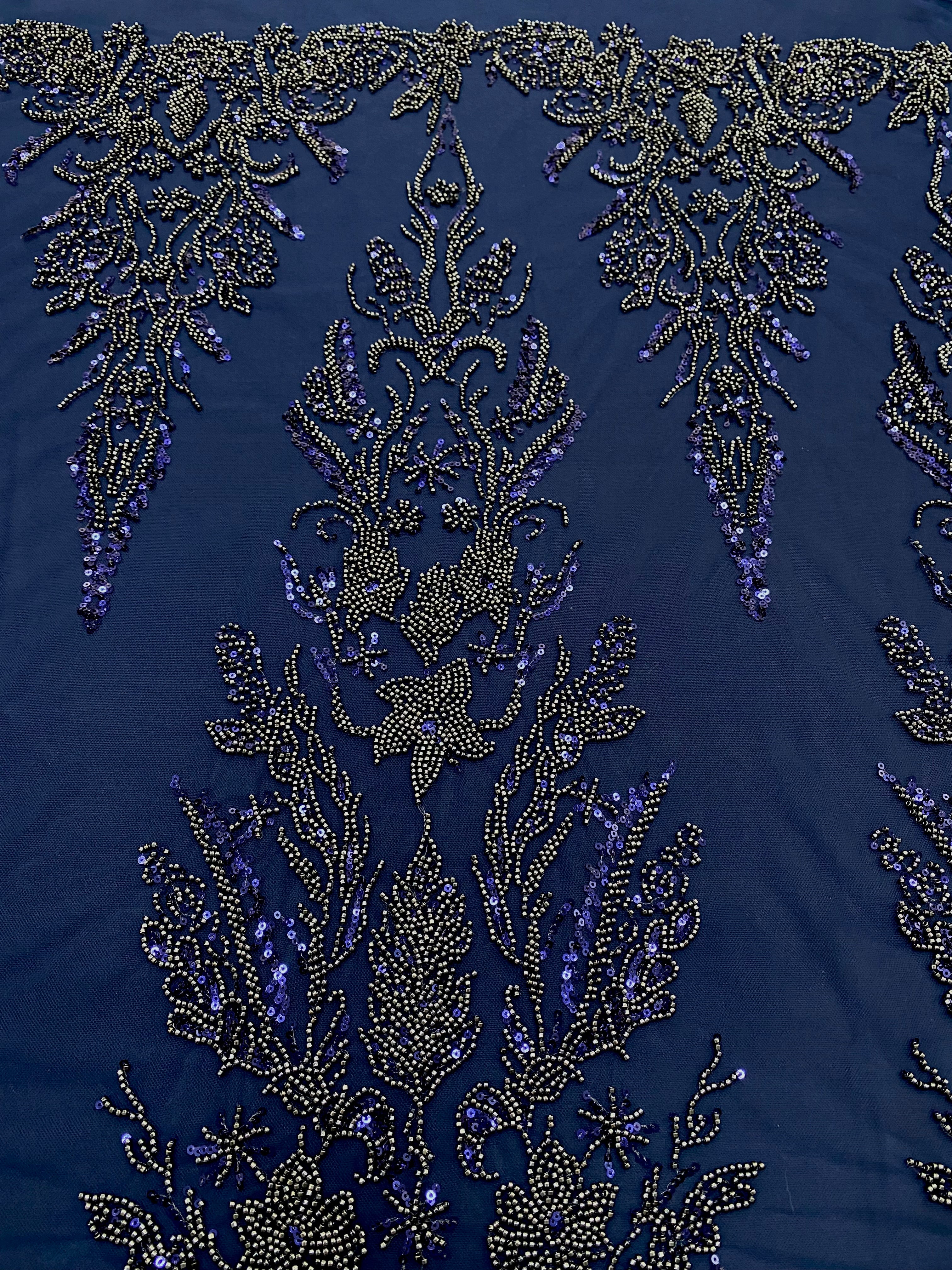 Dantela Couture Bleumarin cu Model Floral, cu Margele si Paiete