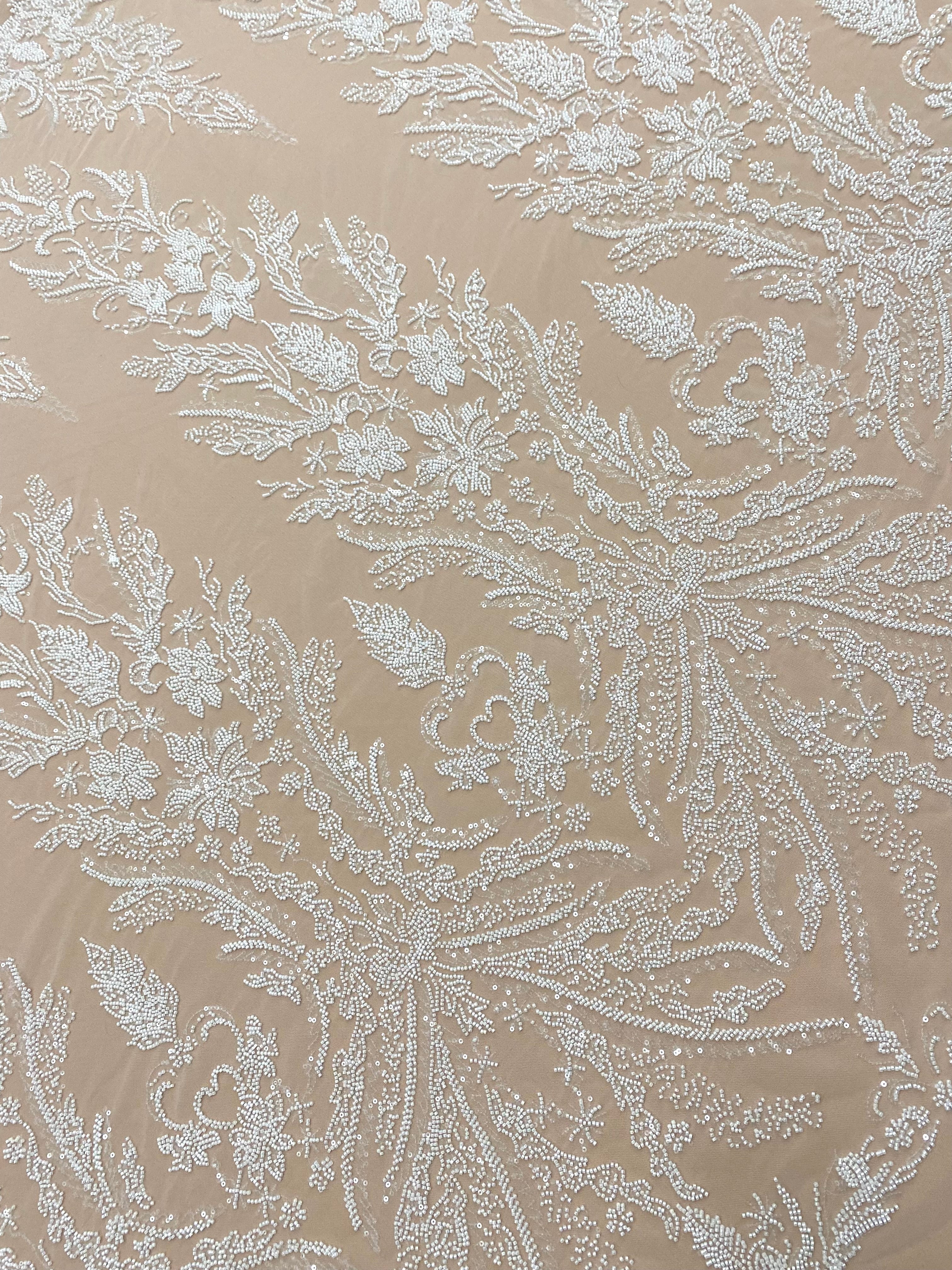 Dantela Couture Ivory cu Model Floral, cu Margele si Paiete