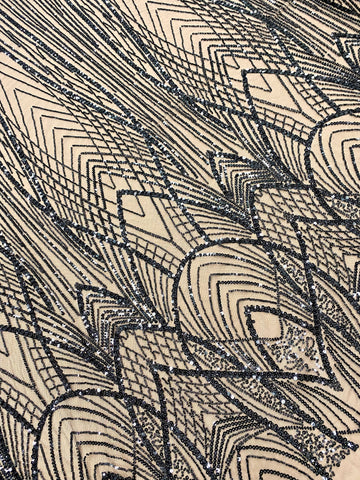 Dantela Couture Neagra cu Panou, cu Margele si Paiete