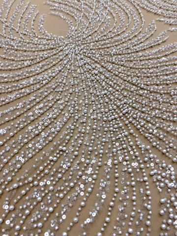 Dantela Couture Ivory cu Tulle Nude cu Panou, cu Perle, Margele si Paiete