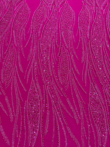Dantela Couture Fucsia cu Panou, cu Perle, Margele si Paiete