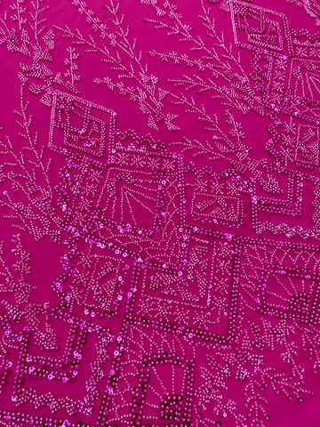 Dantela Couture Fucsia cu Model Geometric, cu Margele si Paiete