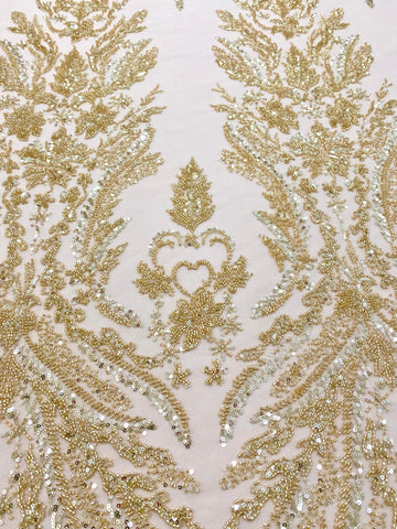 Dantela Couture Aurie cu Model Floral, cu Perle, Margele si Paiete