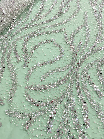 Dantela Couture Argintie pe Tulle Verde Menta cu Perle, Margele si Paiete