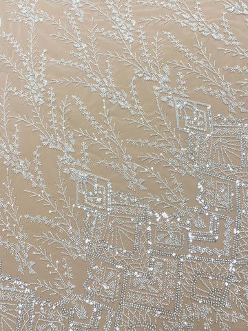 Dantela Couture Ivory cu Model Geometric, cu Margele si Paiete