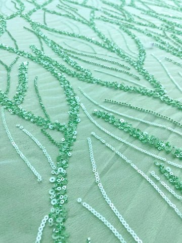 Dantela Couture Verde Menta cu Siraguri, cu Margele si Paiete