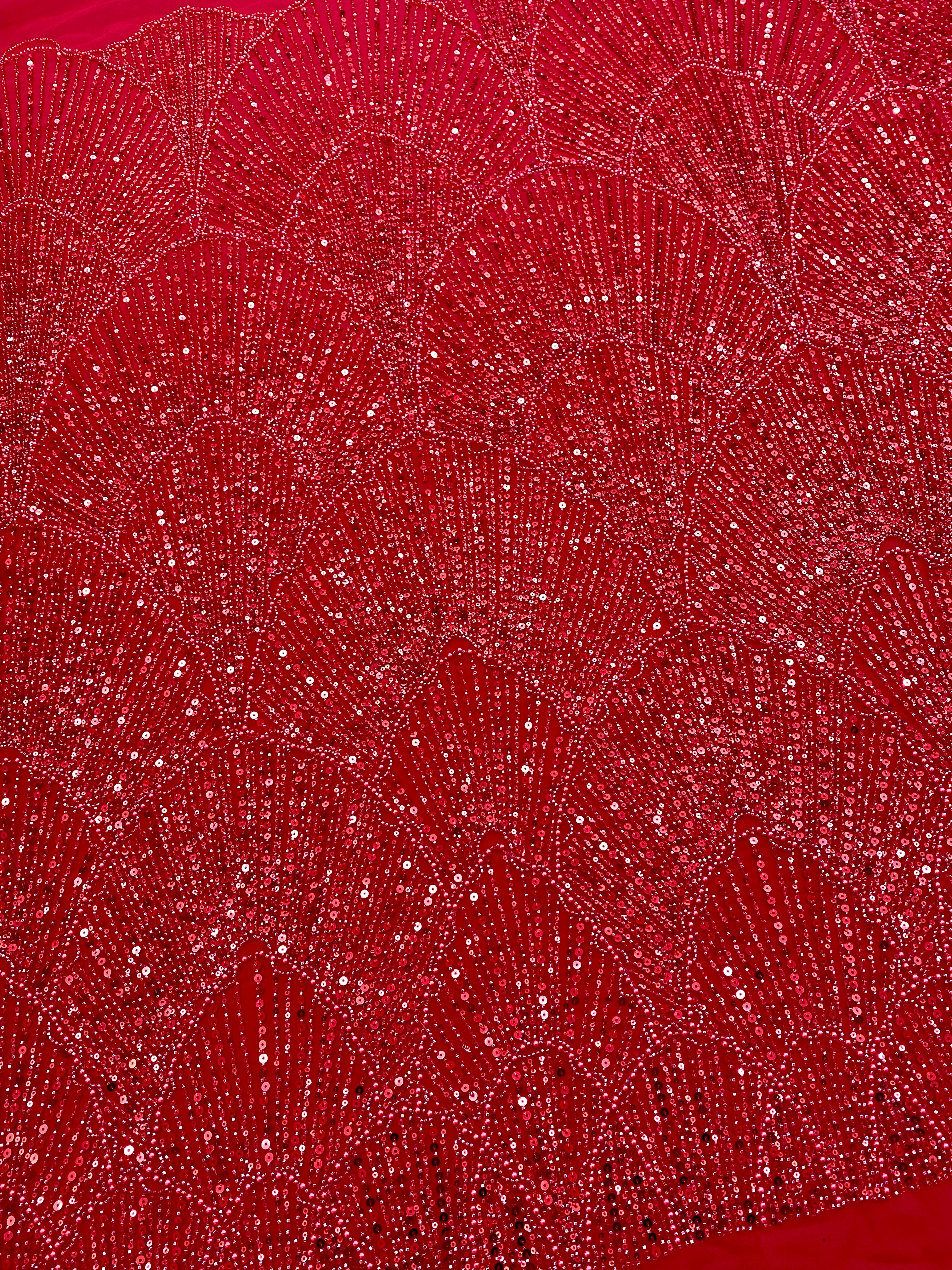 Piros Couture csipke geometriai mintával, gyöngyökkel, gyöngyöcskékkel és flitterekkel