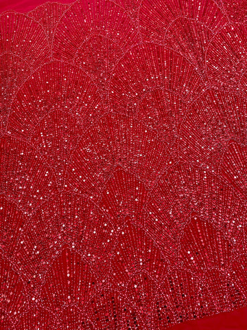 Piros Couture csipke geometriai mintával, gyöngyökkel, gyöngyöcskékkel és flitterekkel