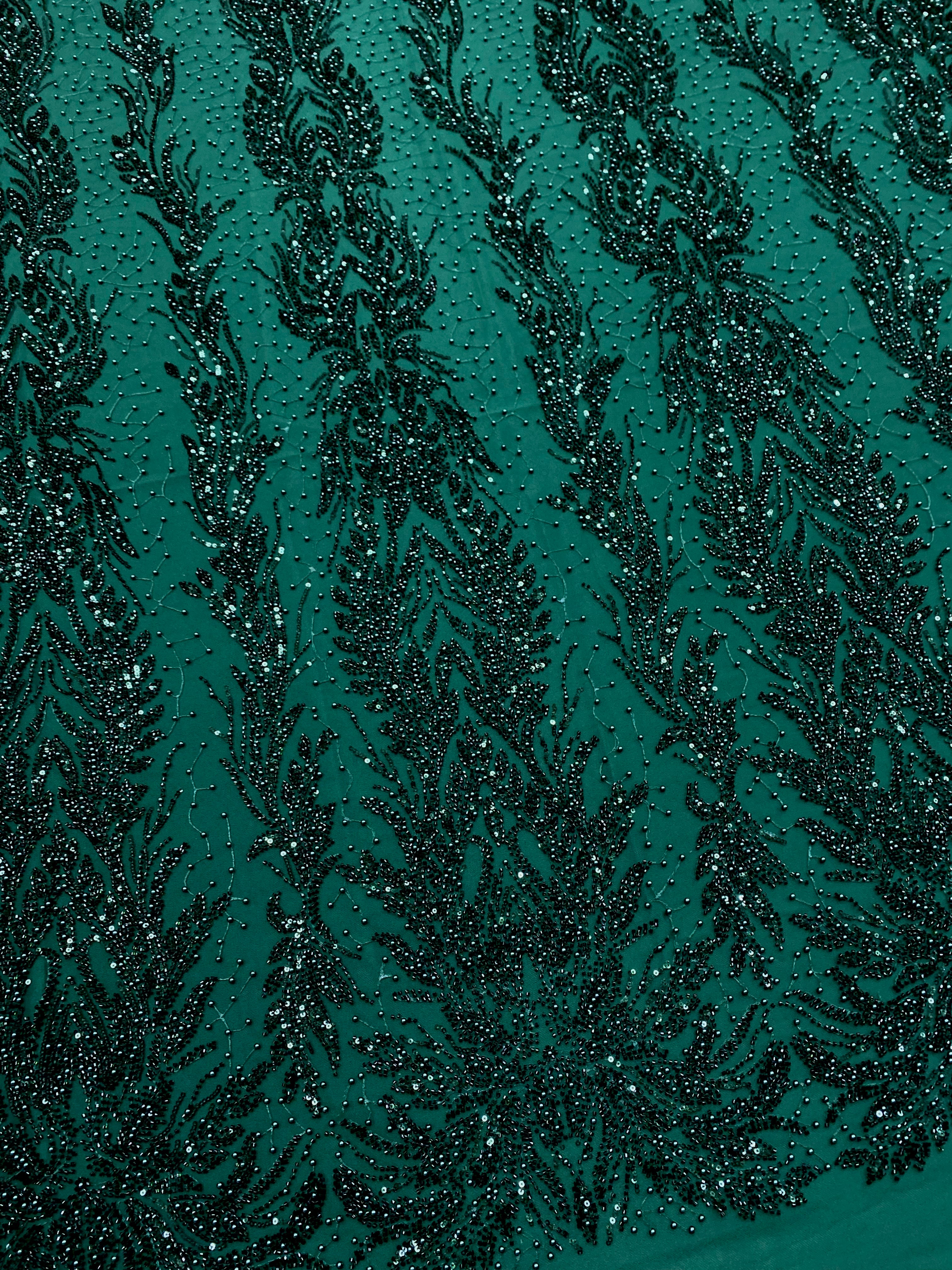 Dantela Couture Verde Inchis cu Model Simetric, cu Perle, Margele si Paiete