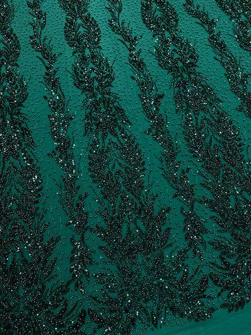 Dantela Couture Verde Inchis cu Model Simetric, cu Perle, Margele si Paiete