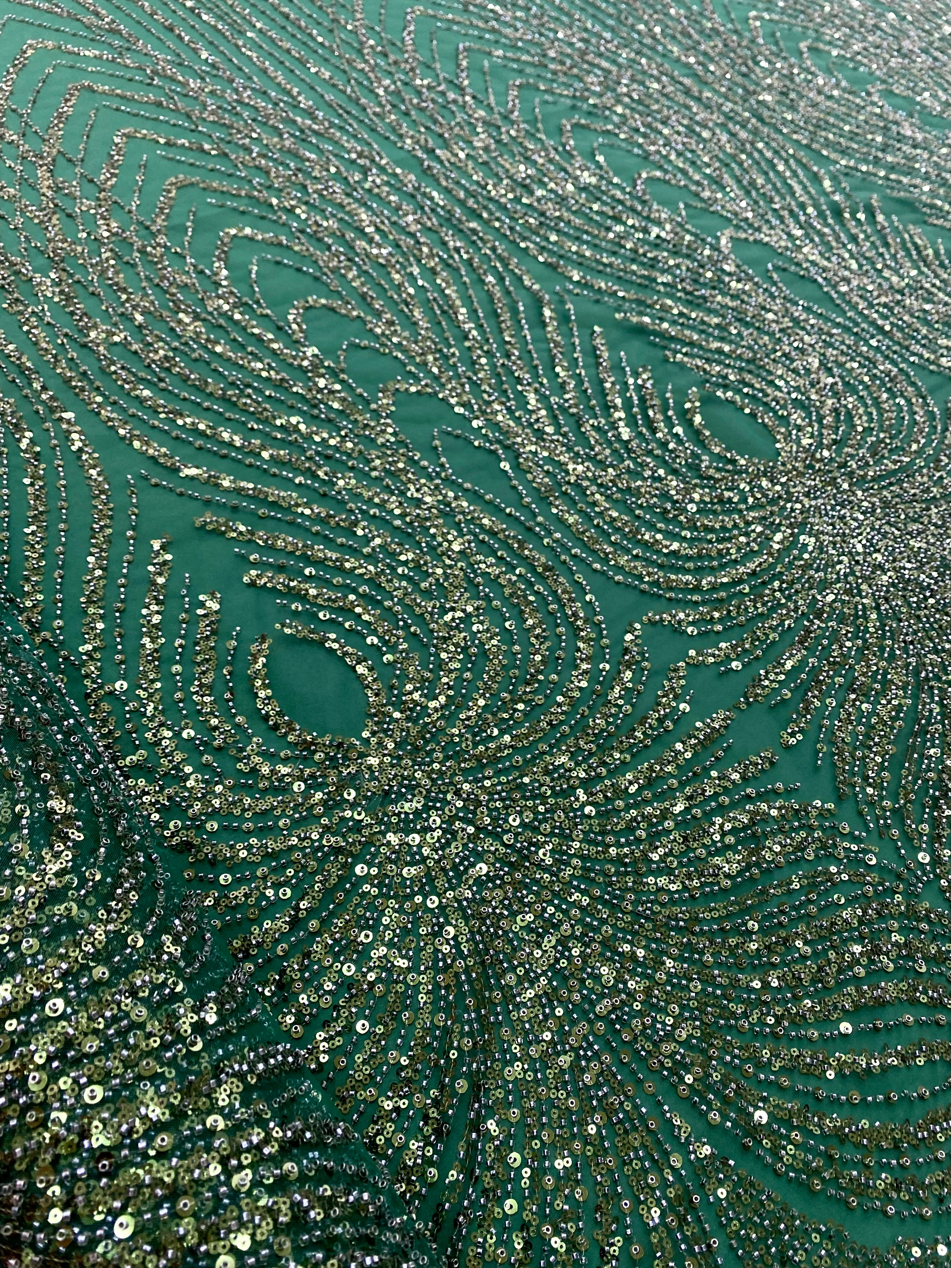 Dantela Couture Verde Smarald cu Panou, cu Margele si Paiete