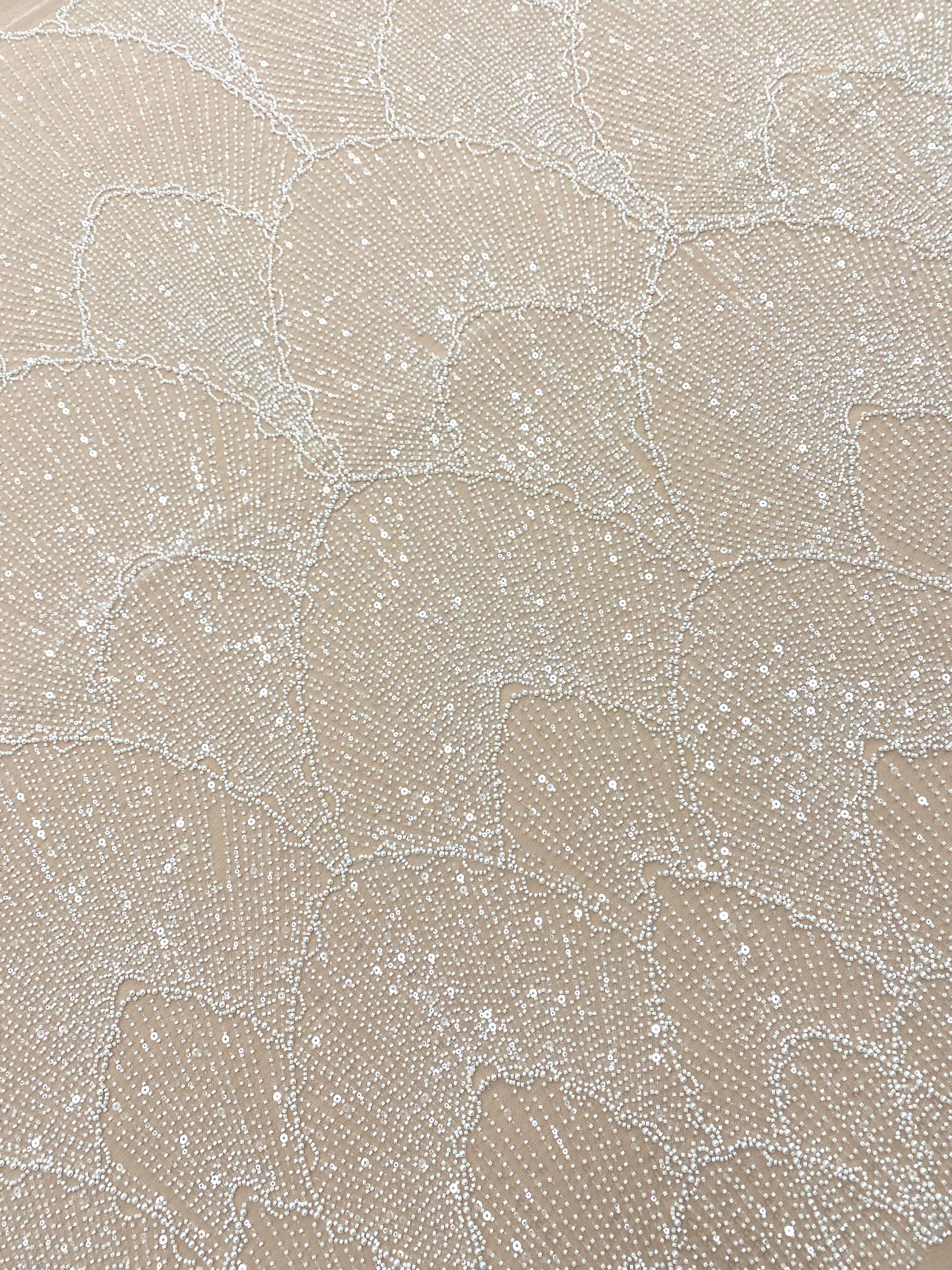 Dantela Couture Ivory cu Model Geometric, cu Perle, Margele si Paiete