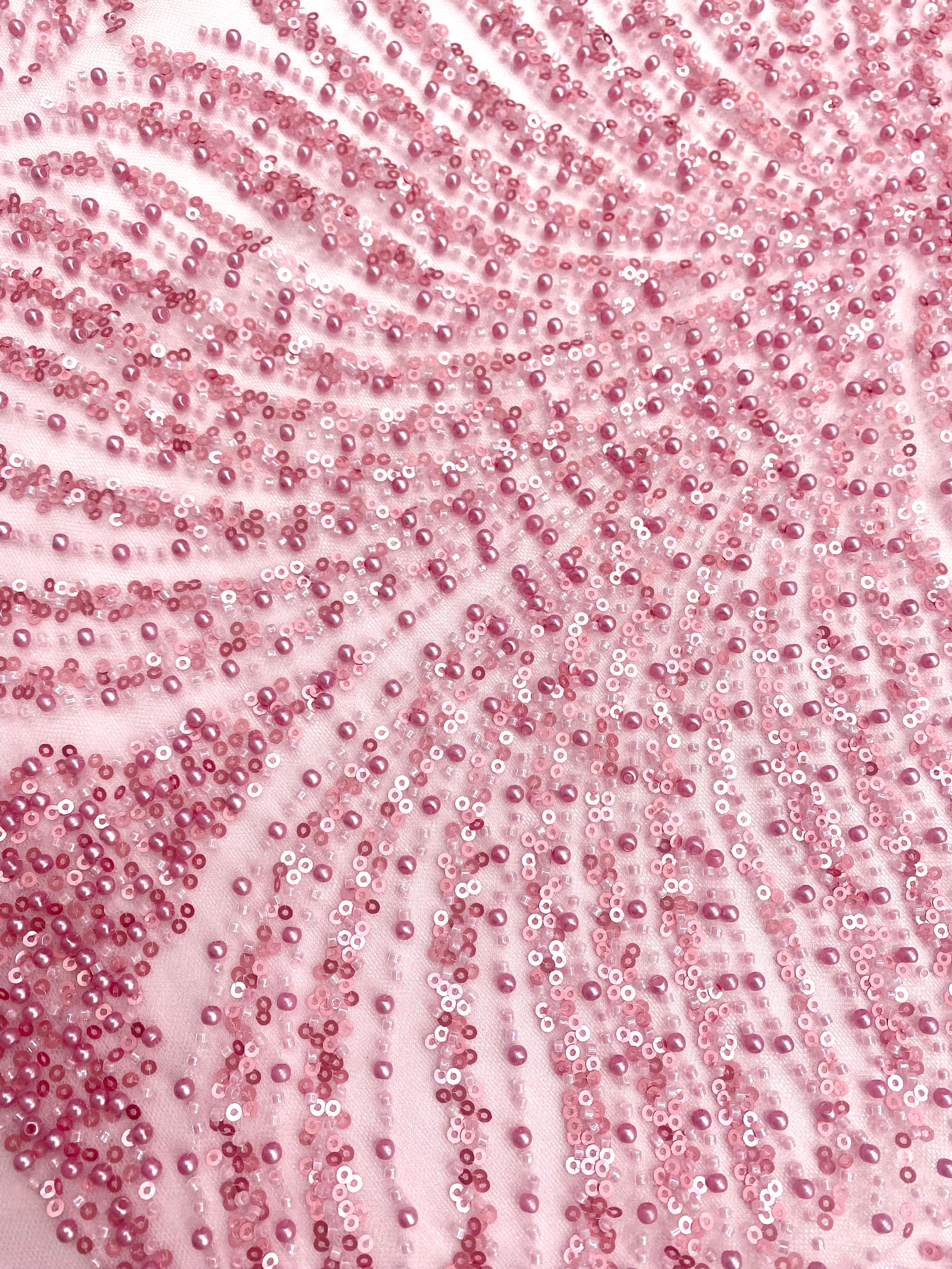 Dantela Couture Roz cu Panou, cu Perle, Margele si Paiete