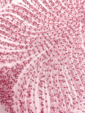 Dantela Couture Roz cu Panou, cu Perle, Margele si Paiete