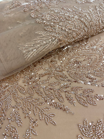 Dantela Couture Auriu Rose cu Model Simetric, cu Margele si Paiete