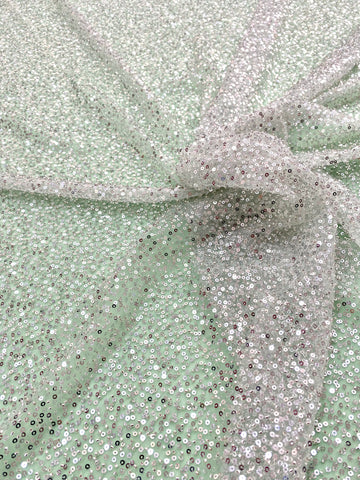 Dantela Couture Argintie pe Tulle Verde Menta cu Model General, cu Margele si Paiete
