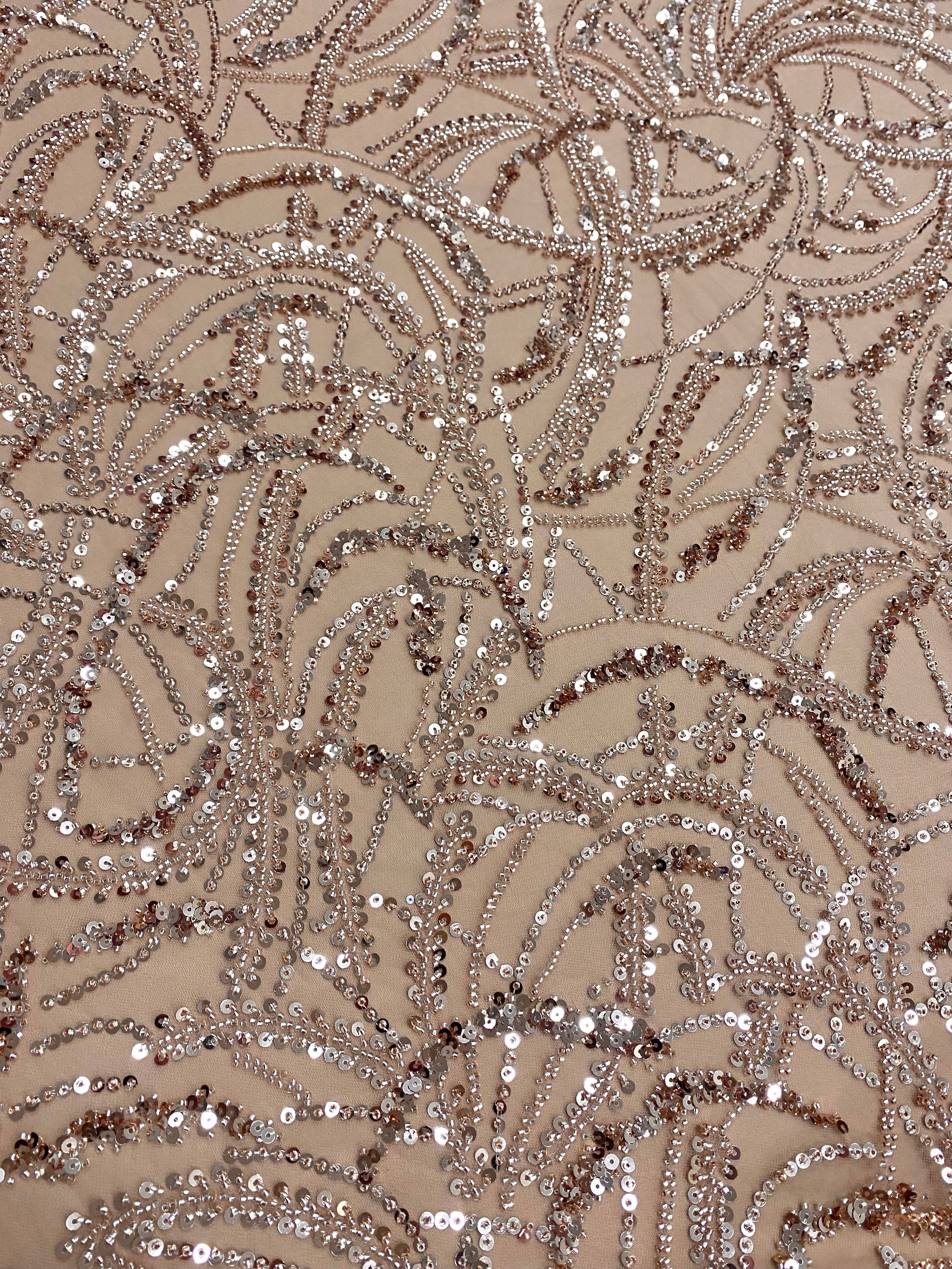 Dantela Couture Auriu Rose cu Model Geometric, Margele si Paiete