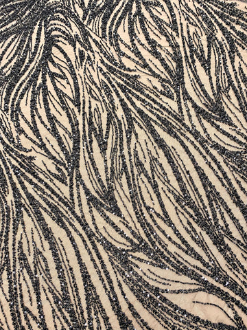 Dantela Couture Neagra cu Model Geometric, cu Perle, Margele si Paiete