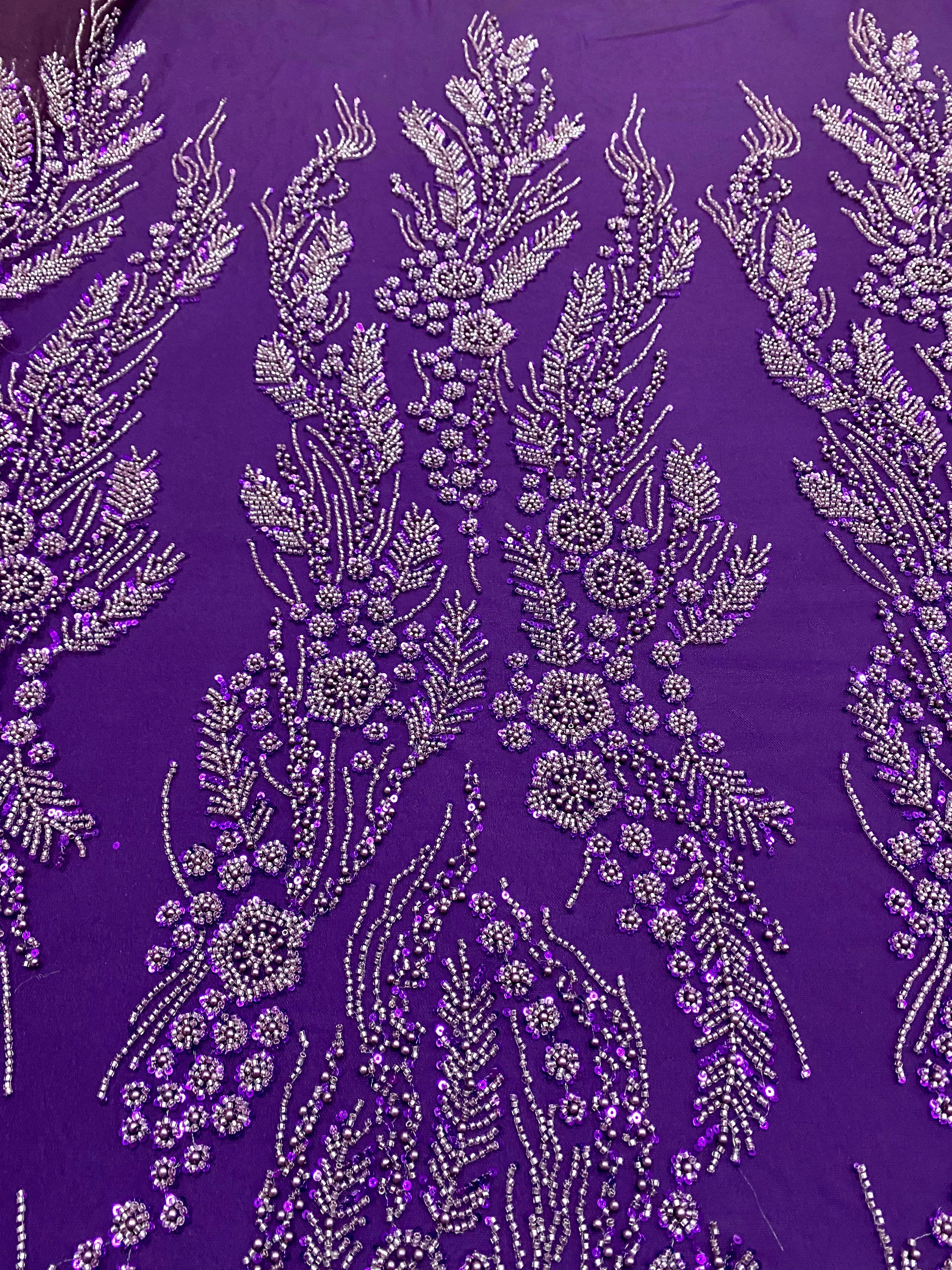 Dantela Couture Mov Inchis cu Model Floral, Perle, Margele si Paiete