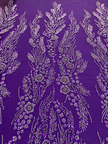 Dantela Couture Mov Inchis cu Model Floral, Perle, Margele si Paiete