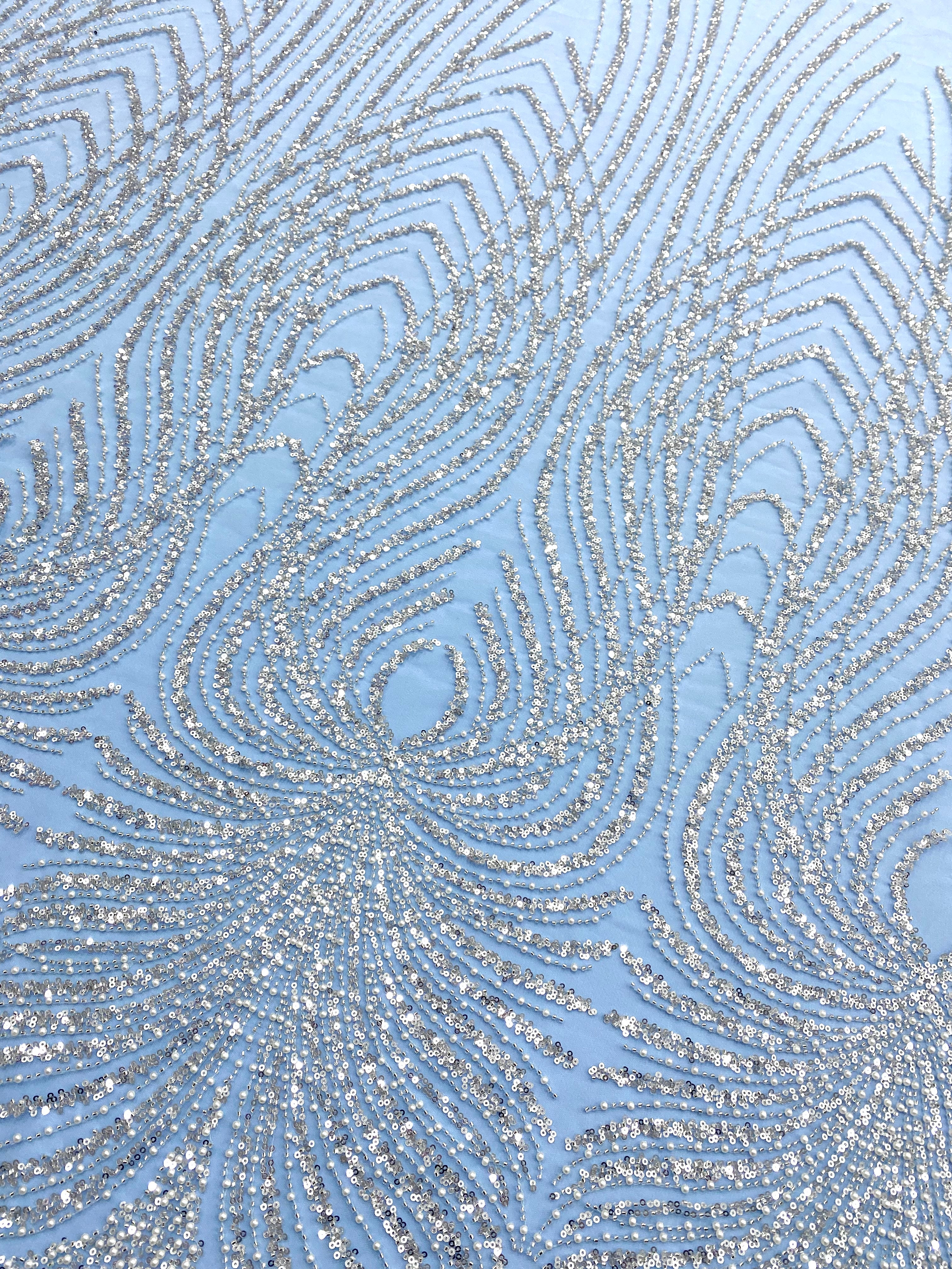 Ezüst Couture Csipke Baby Blue Tüll Panellel, Gyöngyökkel, Gyöngyökkel és Flitterekkel
