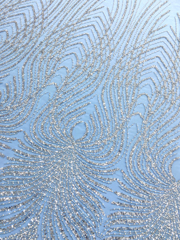 Ezüst Couture Csipke Baby Blue Tüll Panellel, Gyöngyökkel, Gyöngyökkel és Flitterekkel