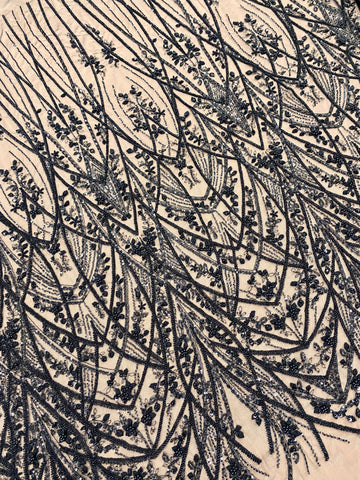 Dantela Couture Neagra cu Model Geometric, cu Perle, Margele si Paiete