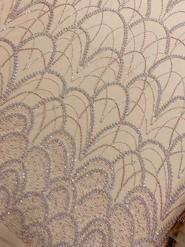 Dantela Couture Auriu Rose cu Model Geometric, cu Perle, Margele si Paiete