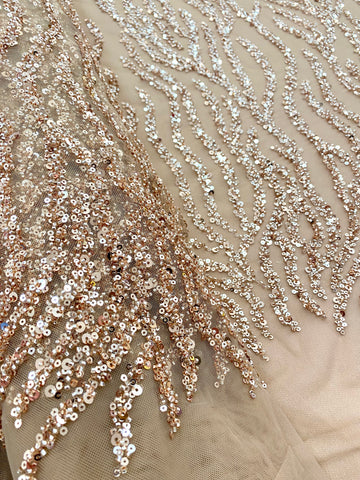 Dantela Couture Auriu Rose cu Siraguri, cu Margele si Paiete