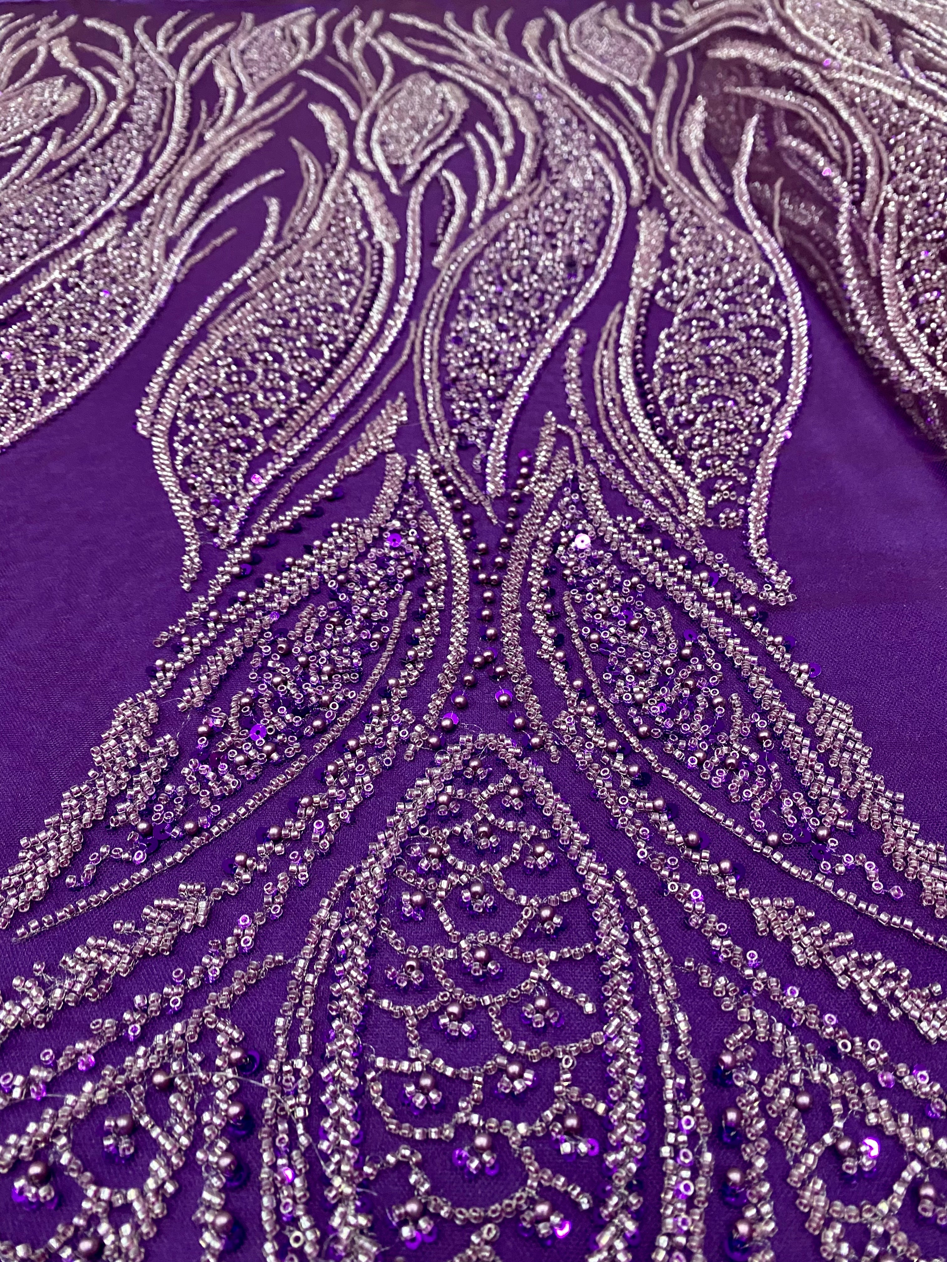 Dantela Couture Mov Inchis cu Panou, cu Perle, Margele si Paiete