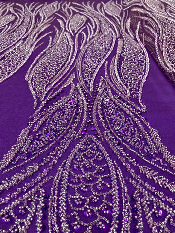Dantela Couture Mov Inchis cu Panou, cu Perle, Margele si Paiete