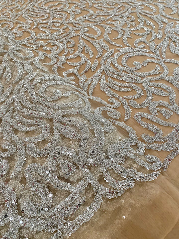 Dantela Couture Argintie cu Tulle Nude cu Margele si Paiete