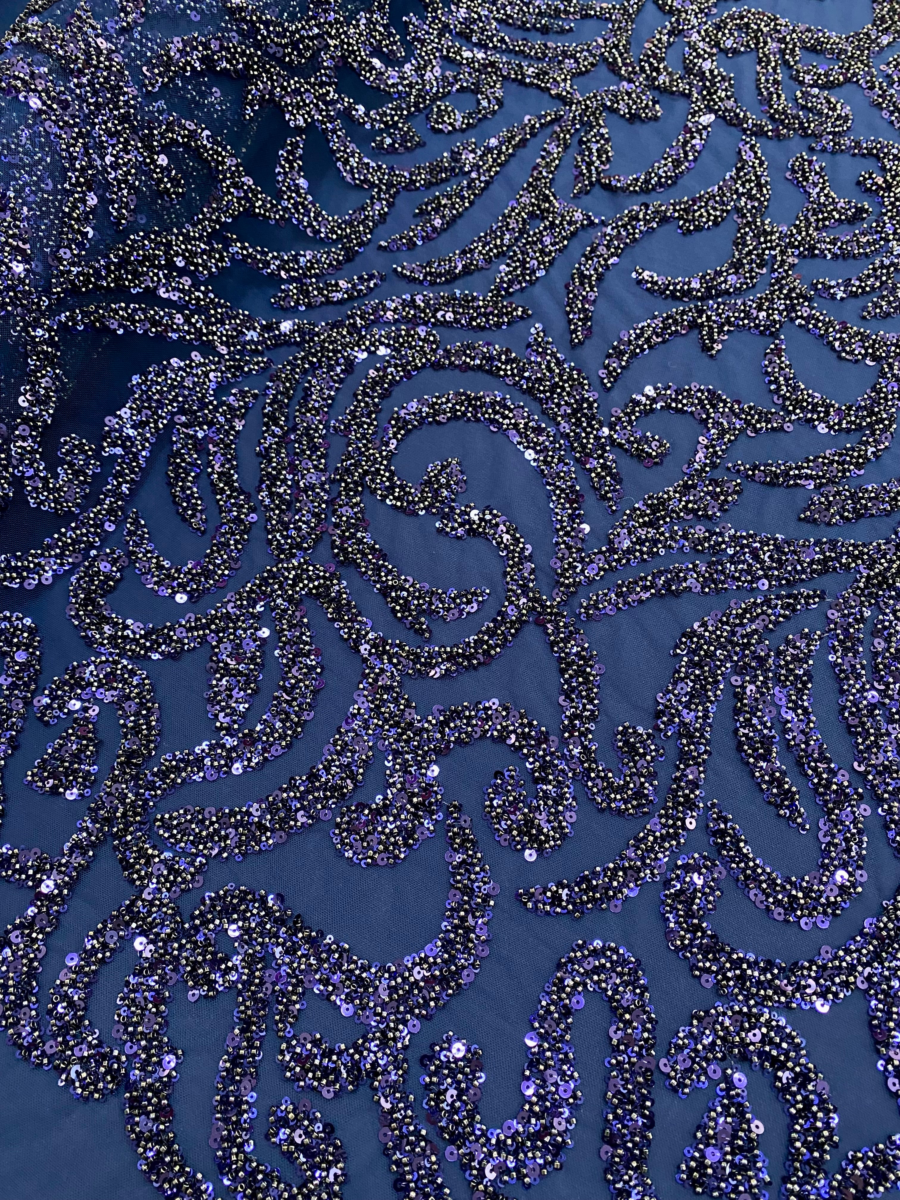 Dantela Couture Bleumarin cu Model Geometric, cu Margele si Paiete