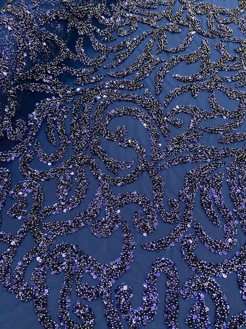 Dantela Couture Bleumarin cu Model Geometric, cu Margele si Paiete