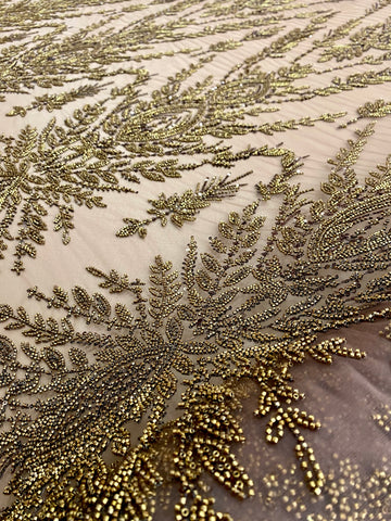 Dantela Couture Antik Arany Szimmetrikus Mintával, Gyöngyökkel és Flitterekkel