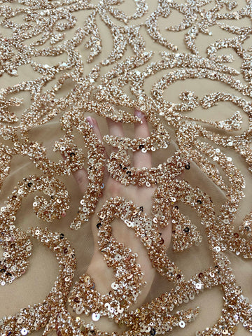 Dantela Couture Auriu Rose cu Model Geometric, cu Margele si Paiete
