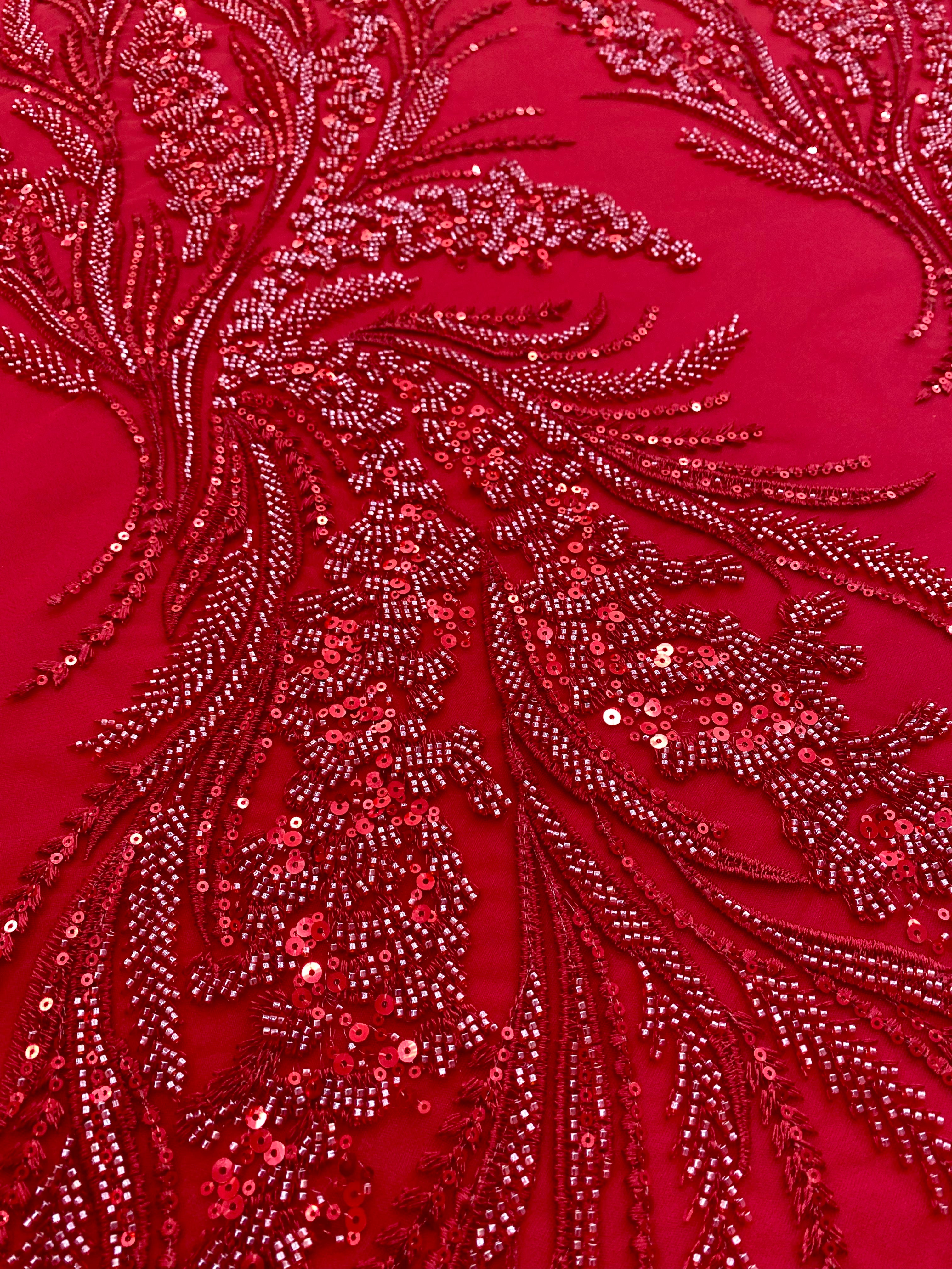 Dantela Couture Rosie cu Model Floral, cu Margele si Paiete