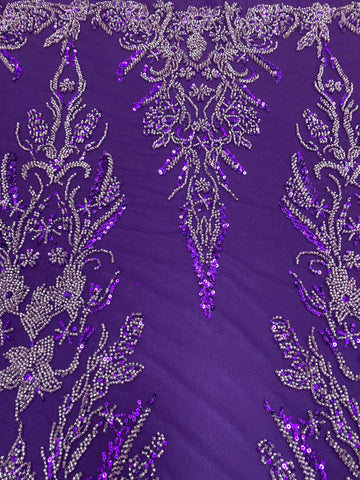 Sötétlila Couture csipke virágmintával, gyöngyökkel és flitterekkel