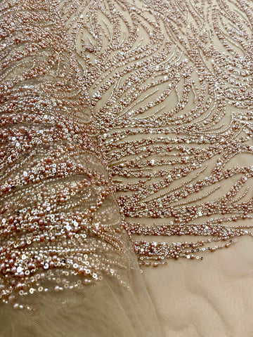 Dantela Couture Auriu Rose cu Model Liniar, cu Margele si Paiete