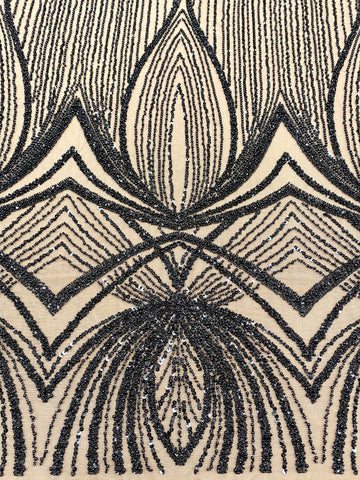 Dantela Couture Neagra cu Model Geometric, cu Perle, Margele si Paiete