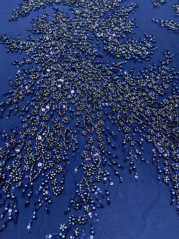 Dantela Couture Bleumarin cu Panou, cu Perle, Margele si Paiete