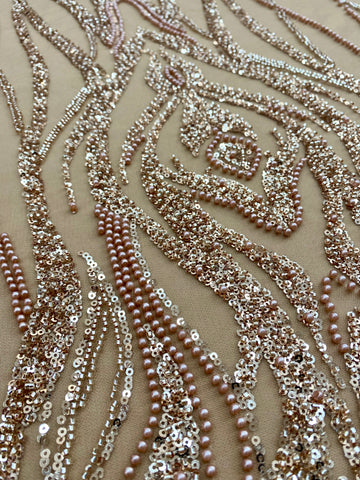 Dantela Couture Auriu Rose cu Model Geometric, cu Perle, Margele si Paiete