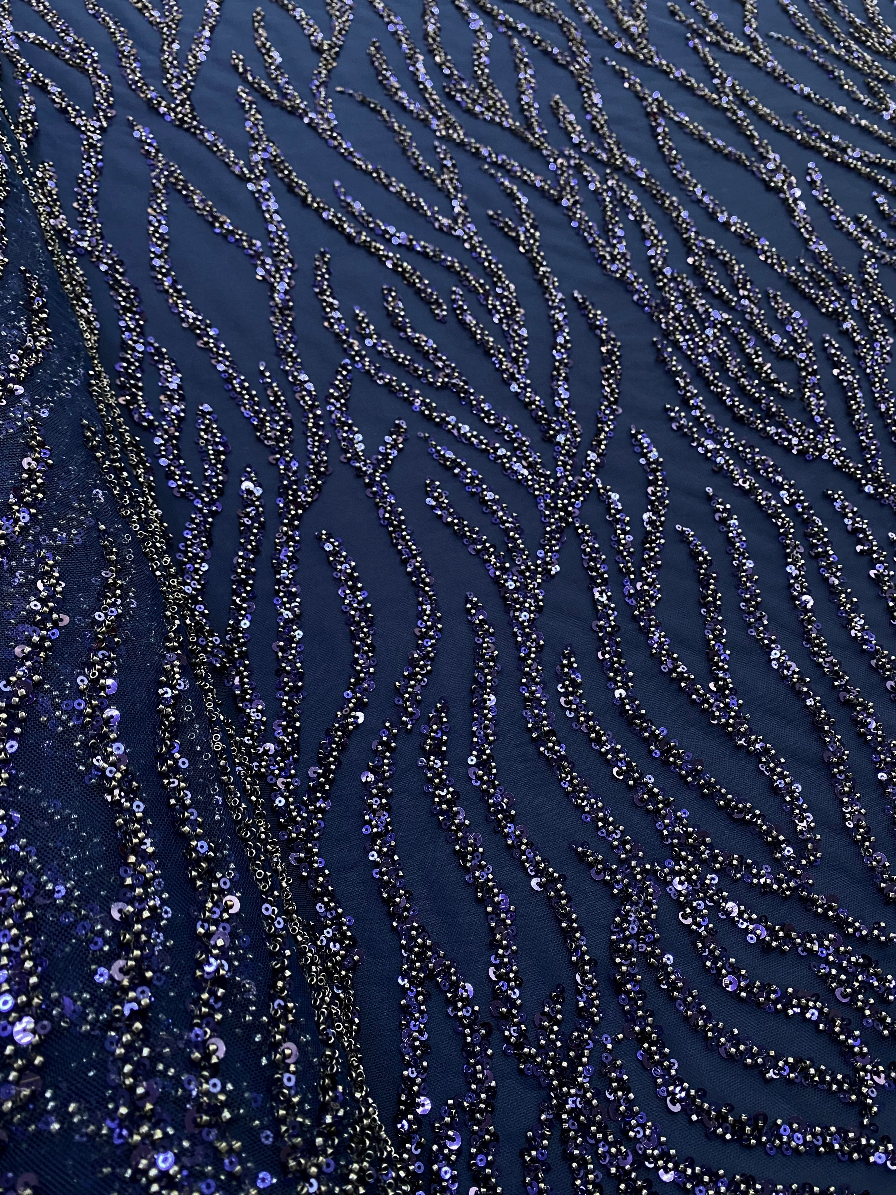 Dantela Couture Bleumarin cu Siraguri, cu Margele si Paiete