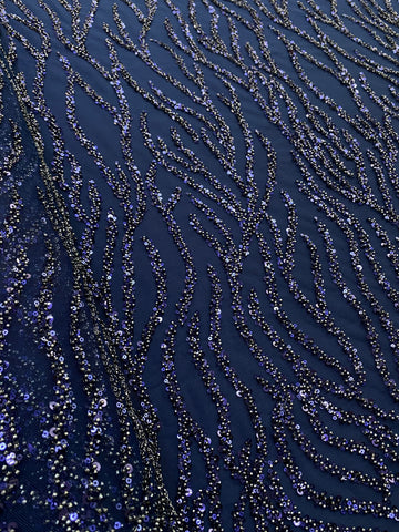 Dantela Couture Bleumarin cu Siraguri, cu Margele si Paiete