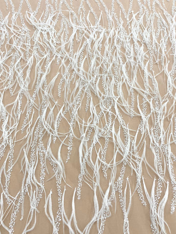 Dantela Couture Ivory cu Pene de Strut, cu Siraguri, cu Margele si Paiete