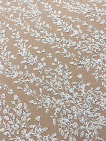 Dantela Couture Ivory cu Model Floral, Perle, Margele si Paiete